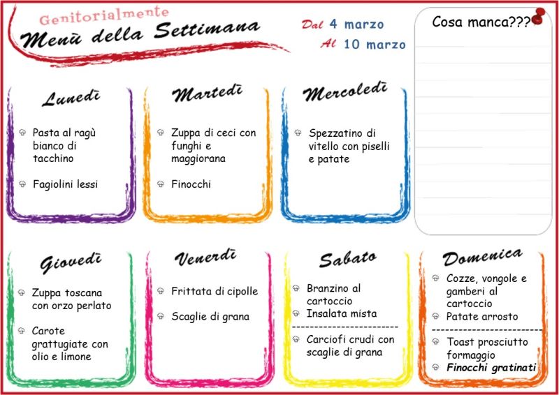 Menù settimanale di marzo 2019